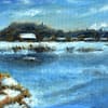 ice field original oil painting blue orange and white, a distant barn and farmers pond