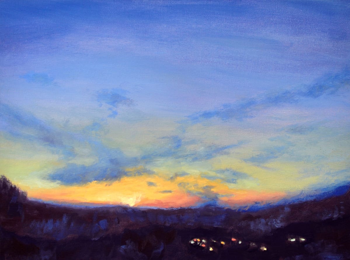 Breaking Dawn Original Oil Painting by Andrew Gaia. A prismatic sunrise breaks light over the mountains as the small town lights still glow in the shadows.