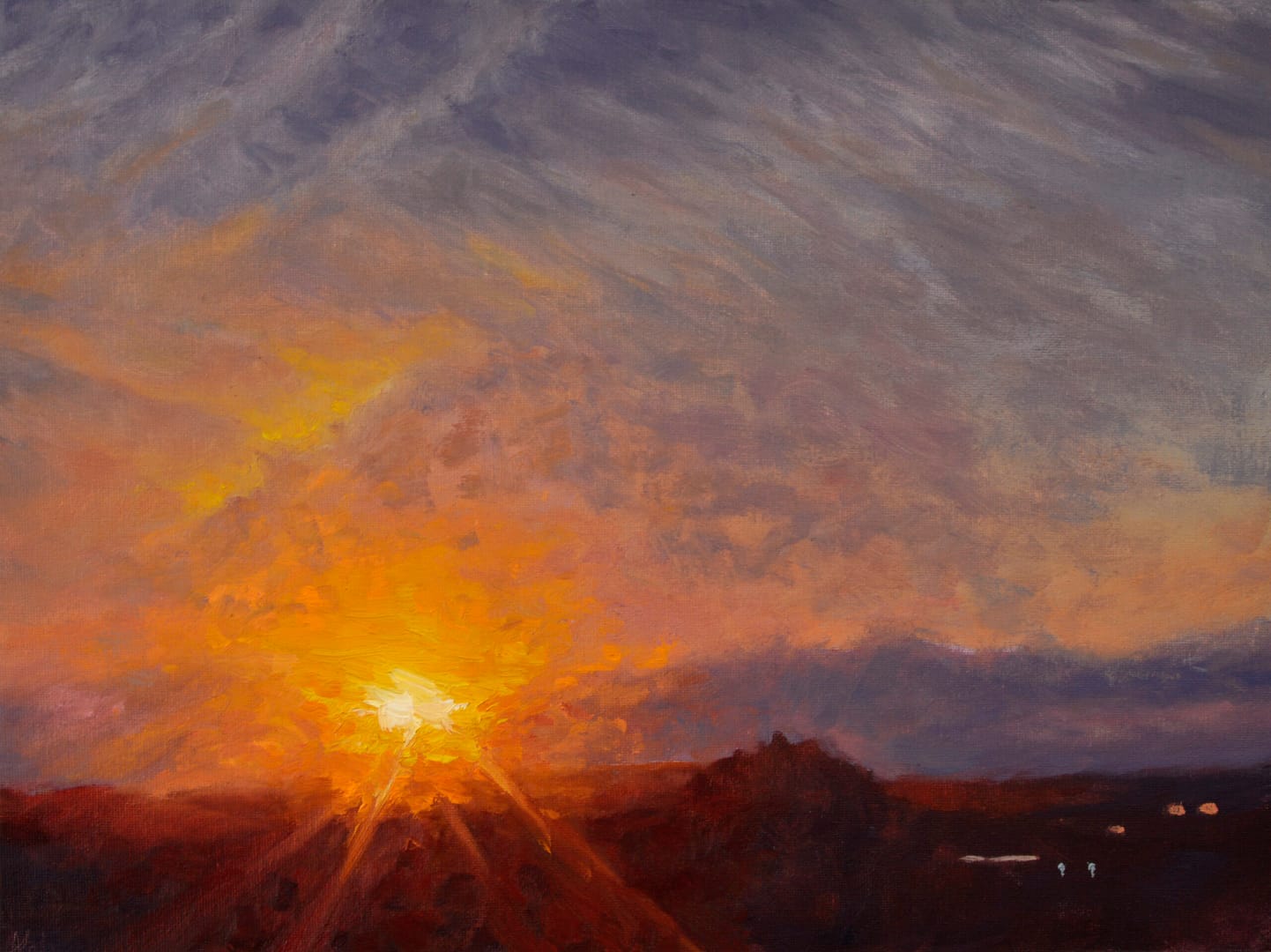 Whispy Warm Sun Sky Oil Painting of the sunrise by Andrew Gaia