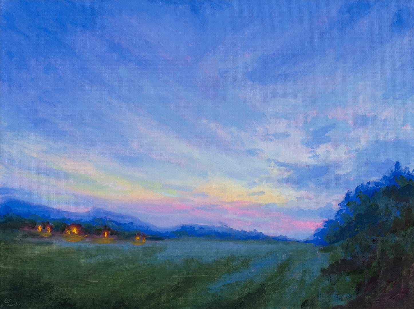 Oil Paingint of sunrise with pink yellow green and blue colors rising up into the clear blue sky. painting by andrew gaia