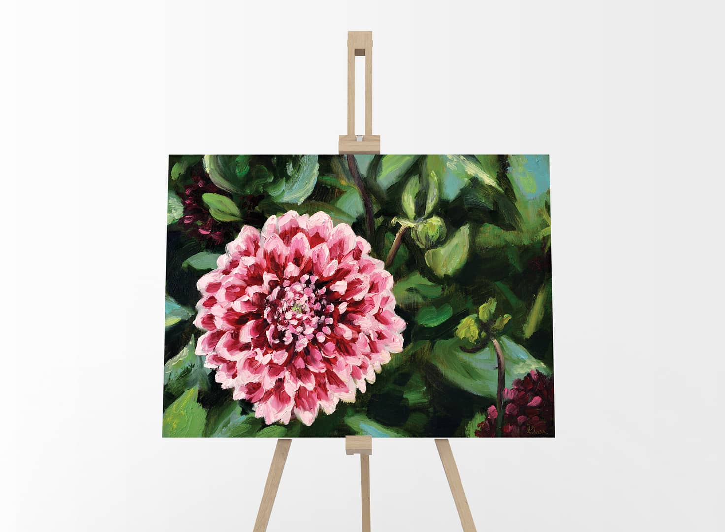 Red Dahlia Oil Painting Original by Andrew Gaia on easel