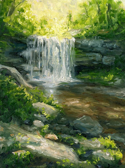 Hidden Forest Waterfall Impressionist Landscape Oil Painting on Board