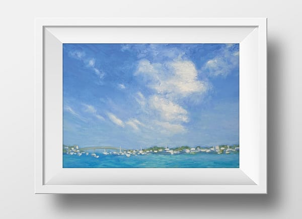 Framed original oil painting. A Landscape scene with fluffy cloud in a clear blue sky over a blue green bay filled with clouds.