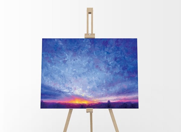 Blue Opal Sky Oil Painting Original Lanscape by Andrew Gaia on easel