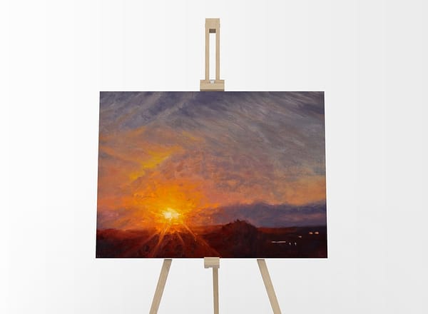 Whispy Warm Sun Sky Oil Painting of the sunrise by Andrew Gaia on easel