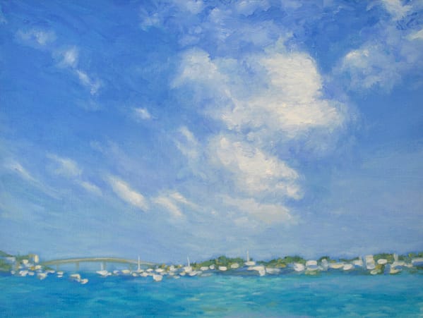Clear blue sky original oil painting by Andrew Gaia. Soft clouds drifting above a blue green ocean filled with ships ready for the spring season.