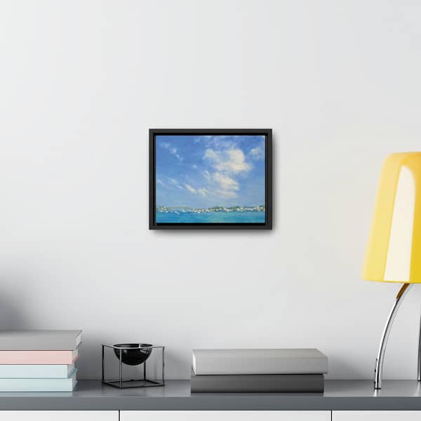 Sky Oil Painting print of fluffy clouds over a blue green clear bay filled with ships.