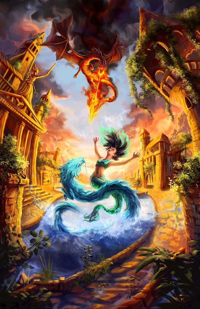 water dragon and mermaid vs fire dragon poppy snow book cover illustration e1596055135587 2 min
